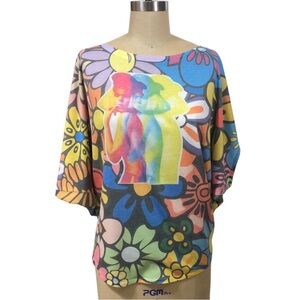 Time Machine Vibrant Multicolor Floral Women's Blouse sz Large vintage inspired